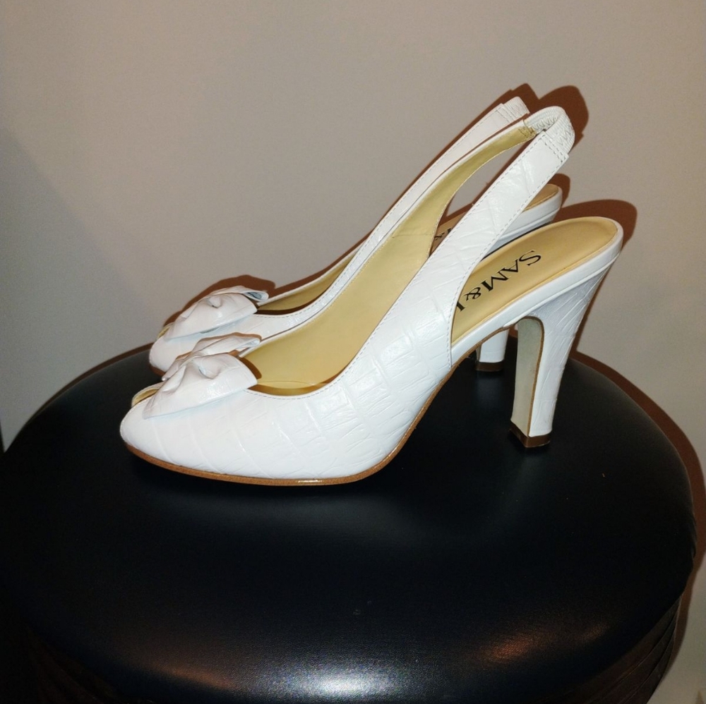 Sam&Libby Coco Peep toe Slingback Gator Print White Sz-8M